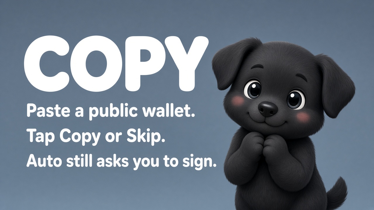 Copy: paste a public wallet, tap Copy or Skip, Auto still asks you to sign